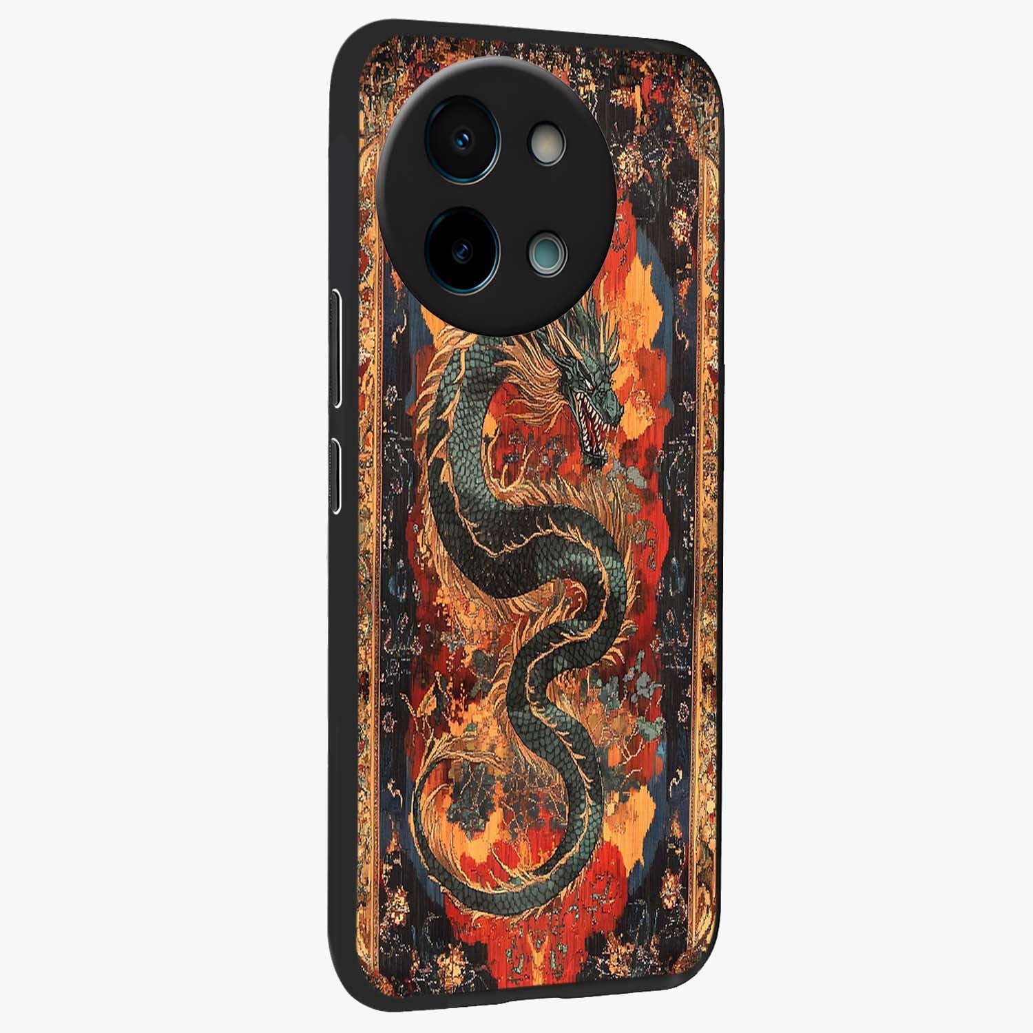 Inferno Dragon Soul Glass Case upright view showcasing intense dragon artwork with fantasy fire theme.