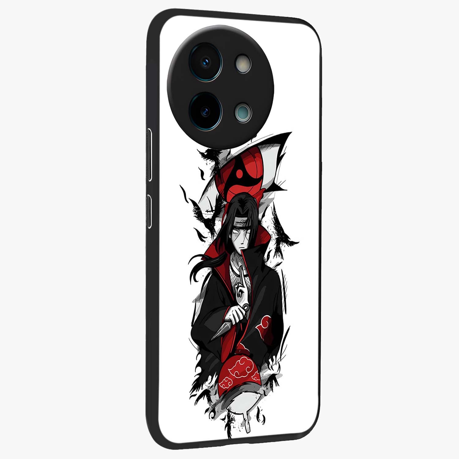 Itachi Sharingan Glass Case upright view showcasing intense anime eye artwork with bold character theme.