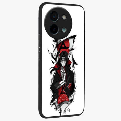 Itachi Sharingan Glass Case upright view showcasing intense anime eye artwork with bold character theme.