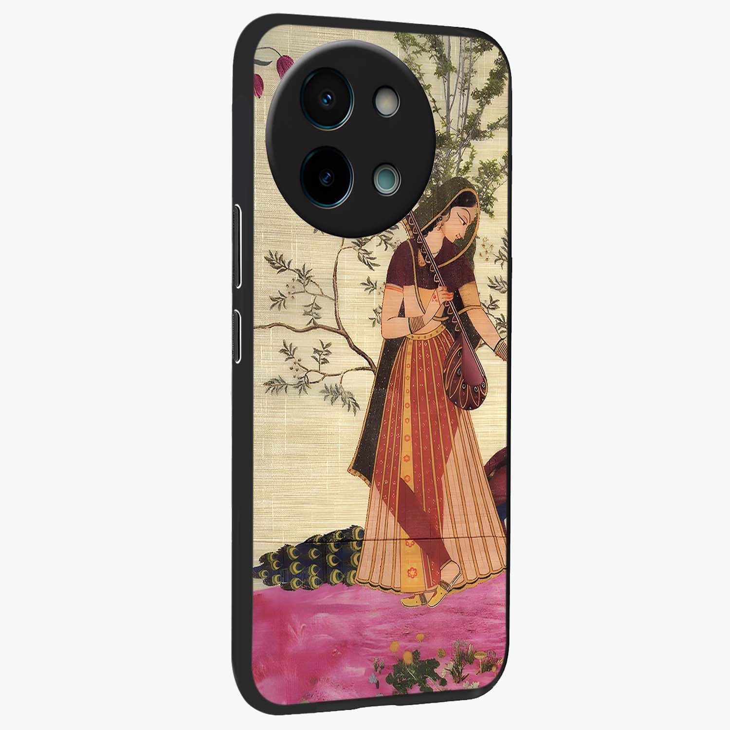 Lady With Veena Art Glass Case upright view showcasing classical veena artwork with traditional artistic theme.