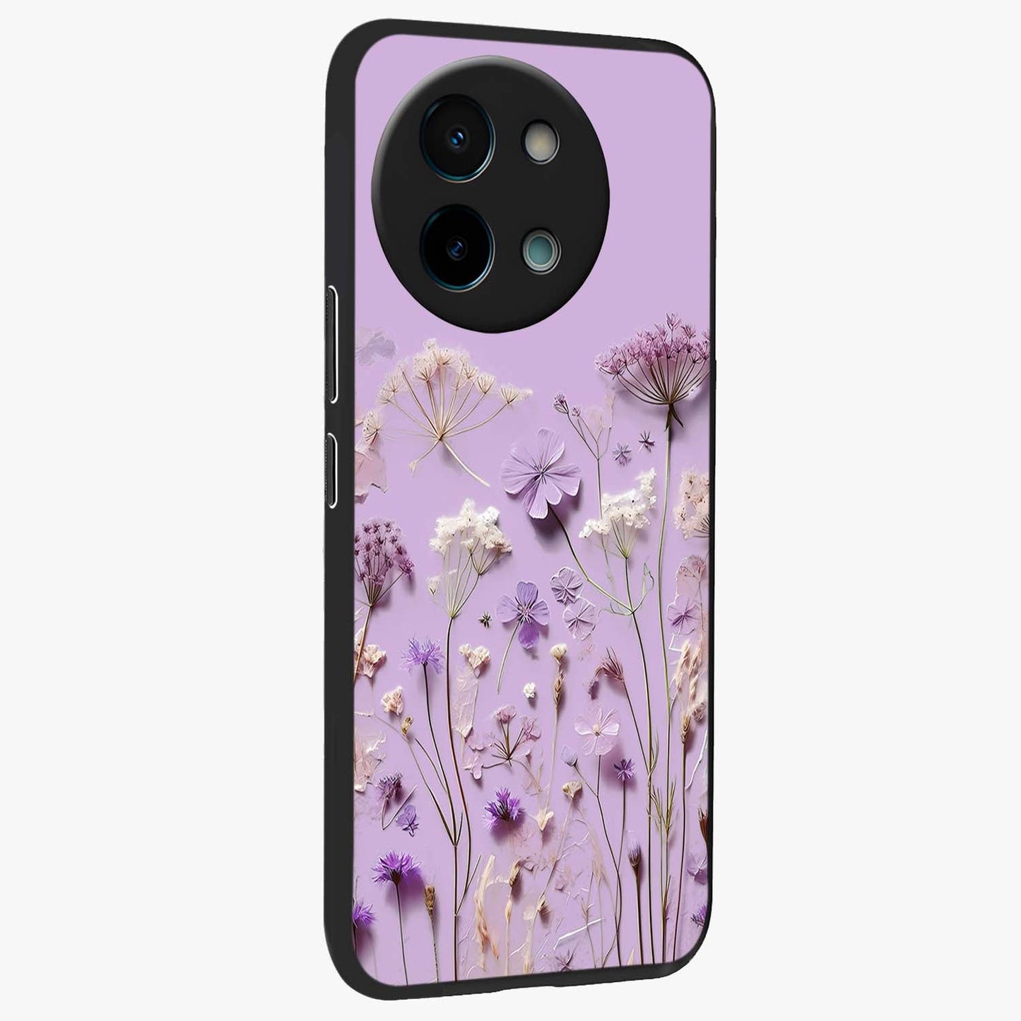 Lavender Blossom Dream Glass Case upright view showcasing delicate lavender blossom artwork with peaceful floral theme.