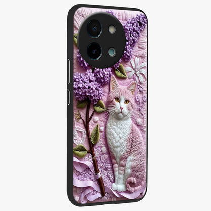 Lavender Cat Whimsy Glass Case upright view showcasing charming cat artwork with whimsical lavender theme.
