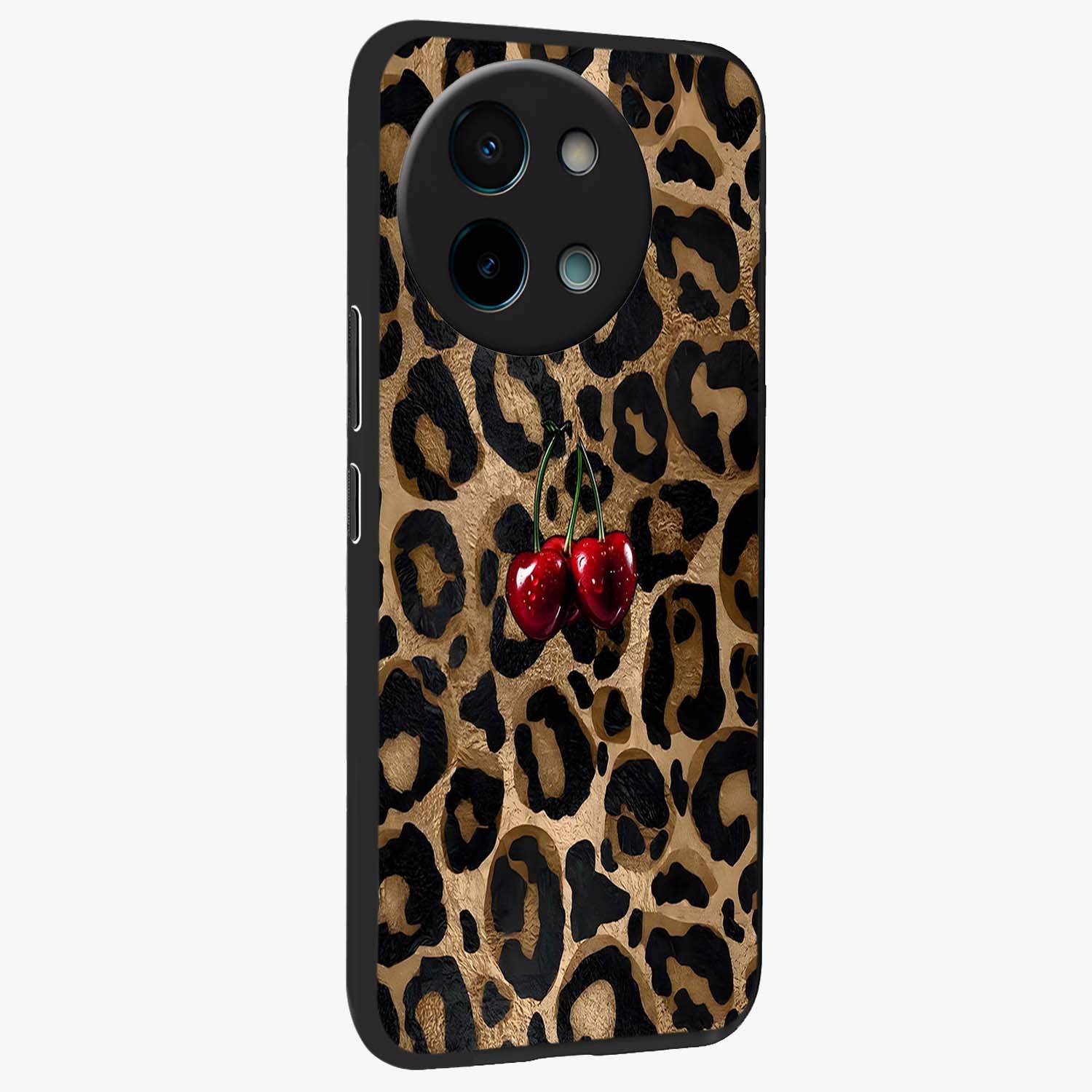 Leopard Wild Cherry Glass Case upright view showcasing stylish leopard pattern artwork with trendy fashion theme.