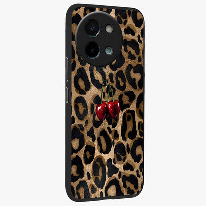 Leopard Wild Cherry Glass Case upright view showcasing stylish leopard pattern artwork with trendy fashion theme.