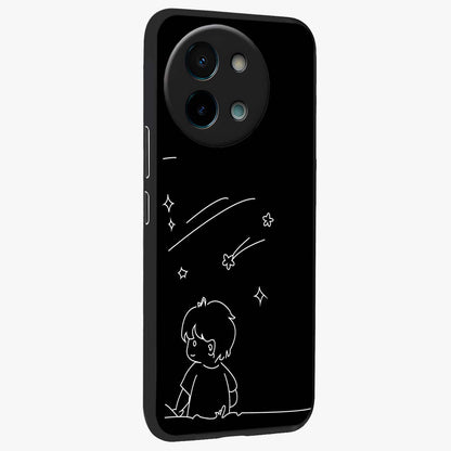Line Art Boy With Shooting Stars Glass Case upright view showcasing artistic shooting star illustration with minimal style.
