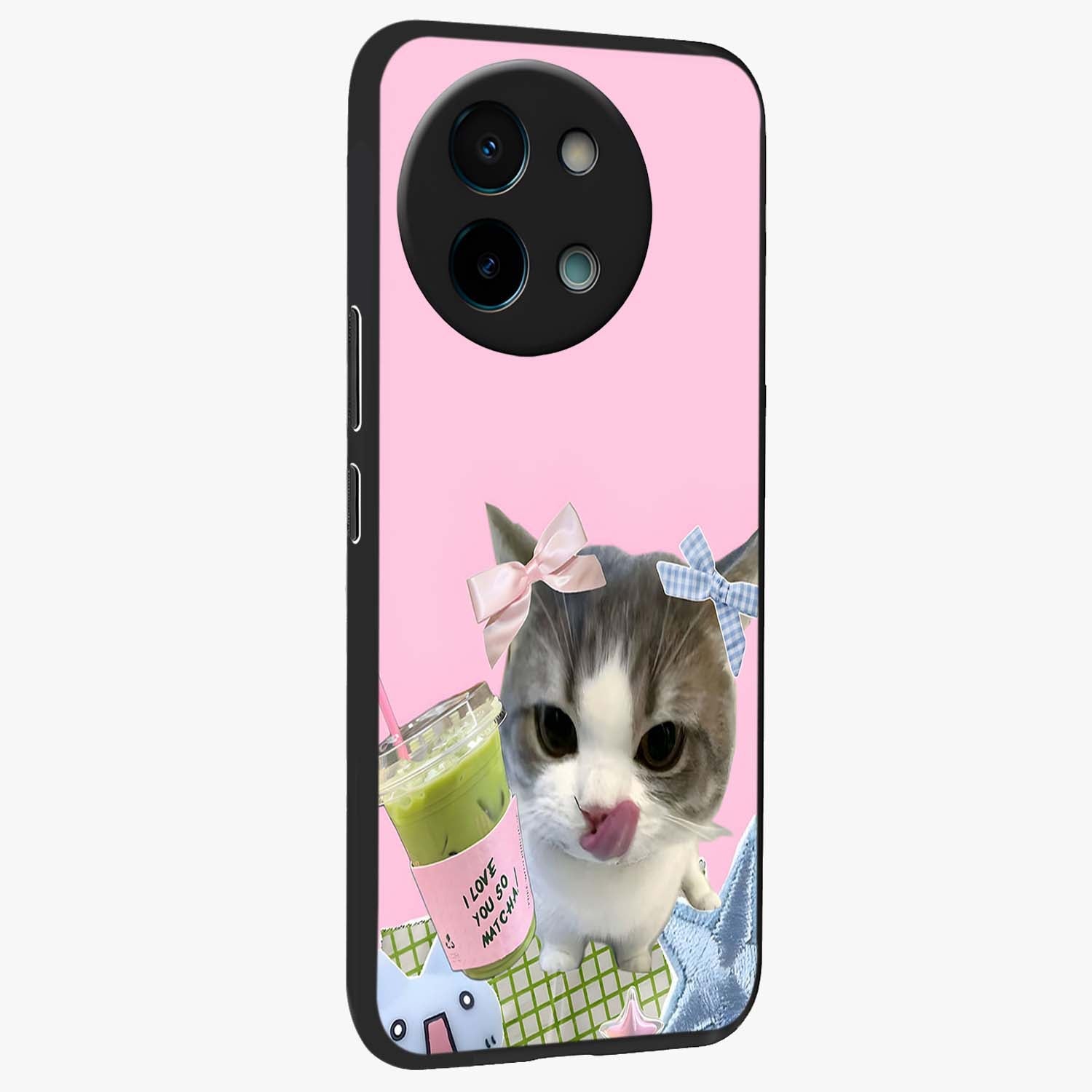 Love Matcha Cat Glass Case upright view showcasing adorable cat artwork with charming matcha themed design.