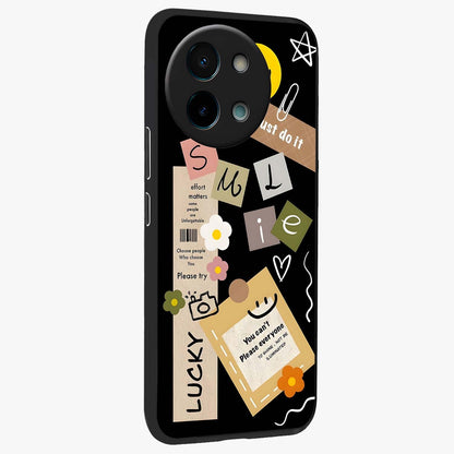 Lucky Aesthetic Collage Glass Case upright view showcasing vibrant collage artwork with youthful aesthetic theme.