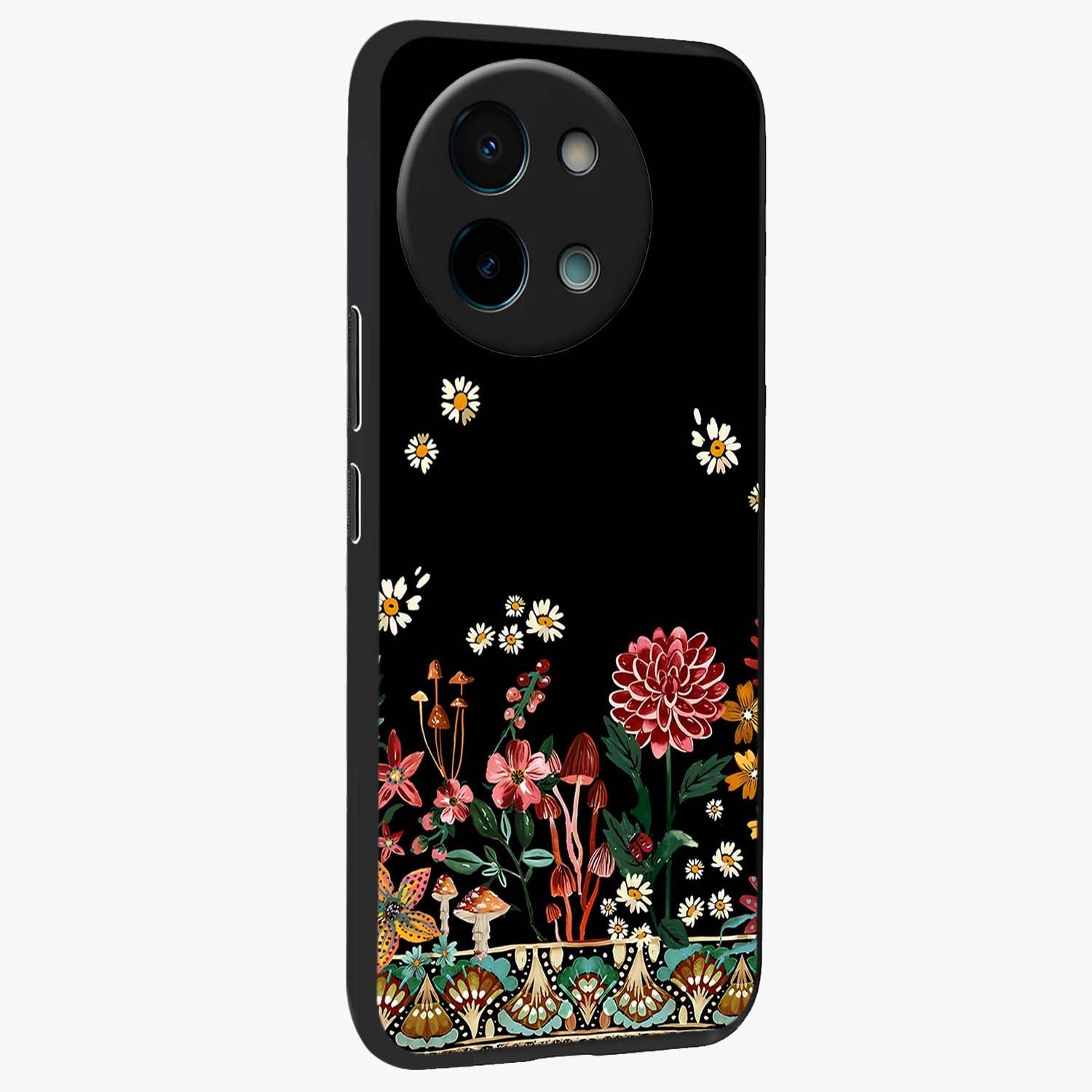 Midnight Bloom Pattern Glass Case upright view showcasing decorative floral artwork with deep night themed palette.