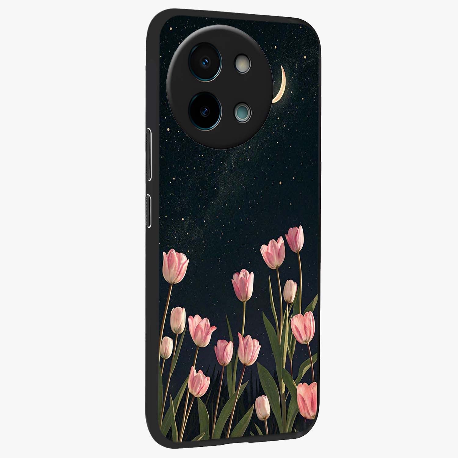 Midnight Tulip Whispers Vibe Glass Case upright view showcasing graceful tulip artwork with calm botanical theme.