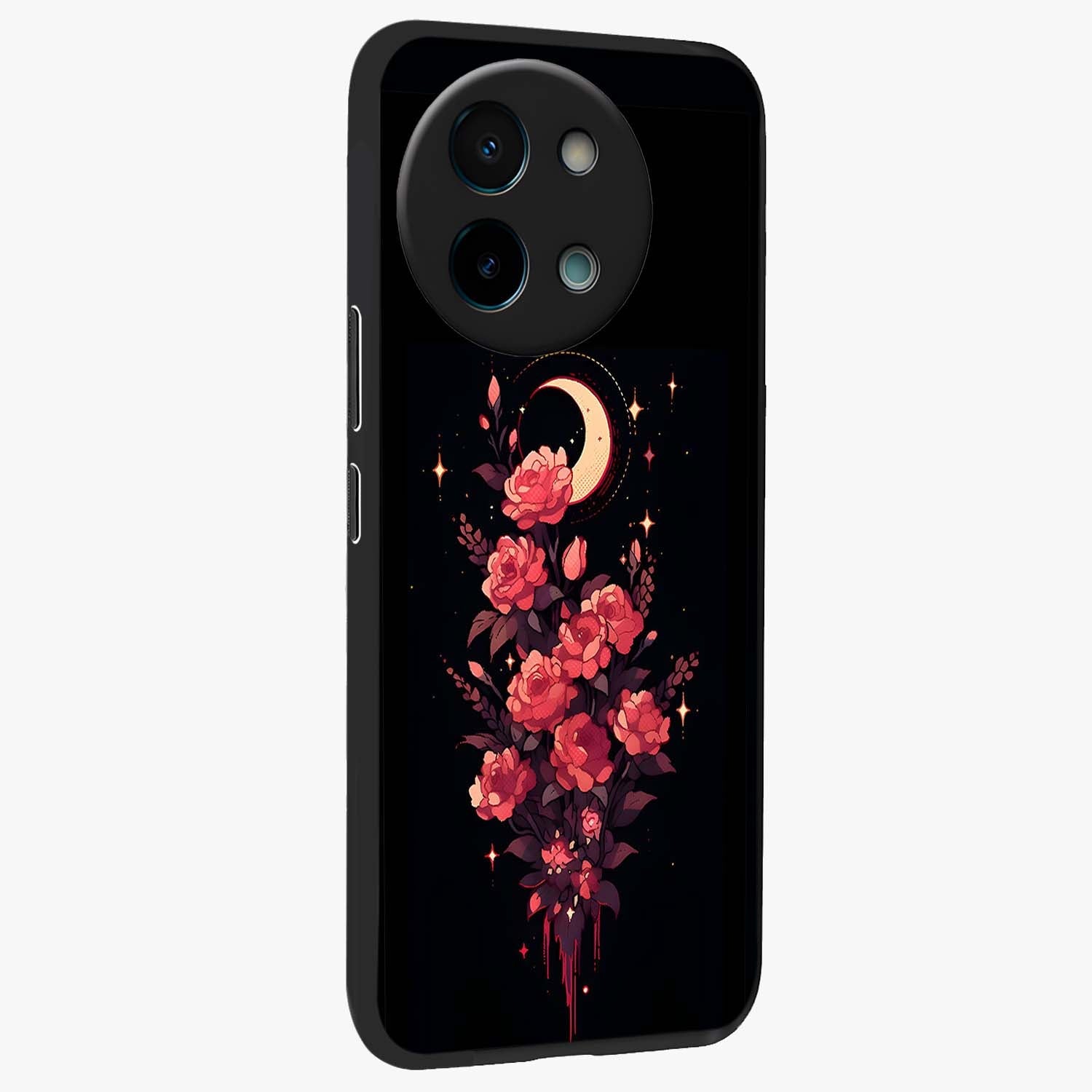Moonlit Floral Elegance Glass Case upright view showcasing delicate floral artwork with refined night inspired theme.