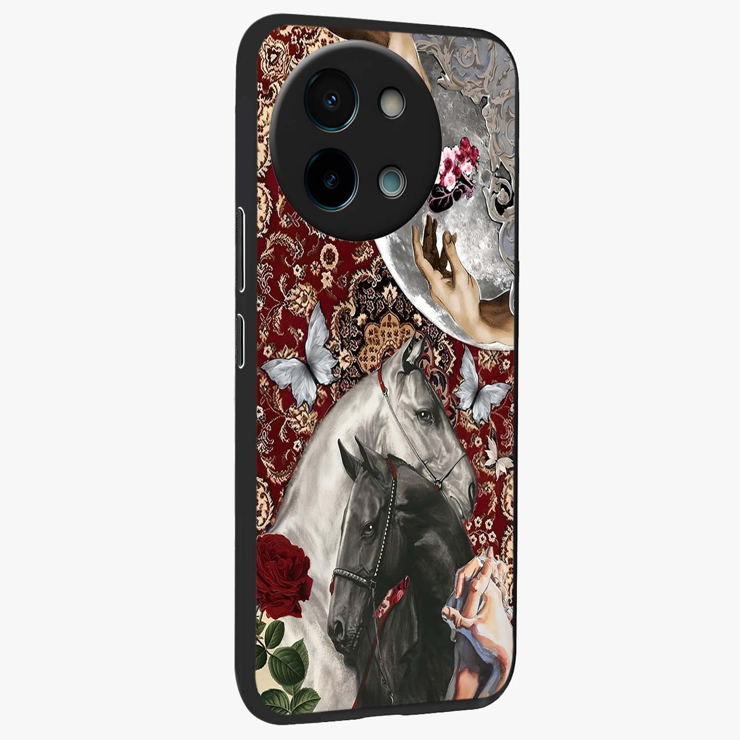 Moonlit Royal Stallion Glass Case upright view showcasing dramatic horse artwork with glowing moon themed design.