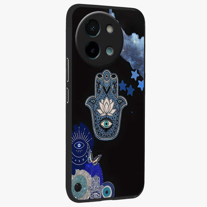 Mystic Hand Aura Glass Case upright view showcasing symbolic hand artwork with mystical energy theme.