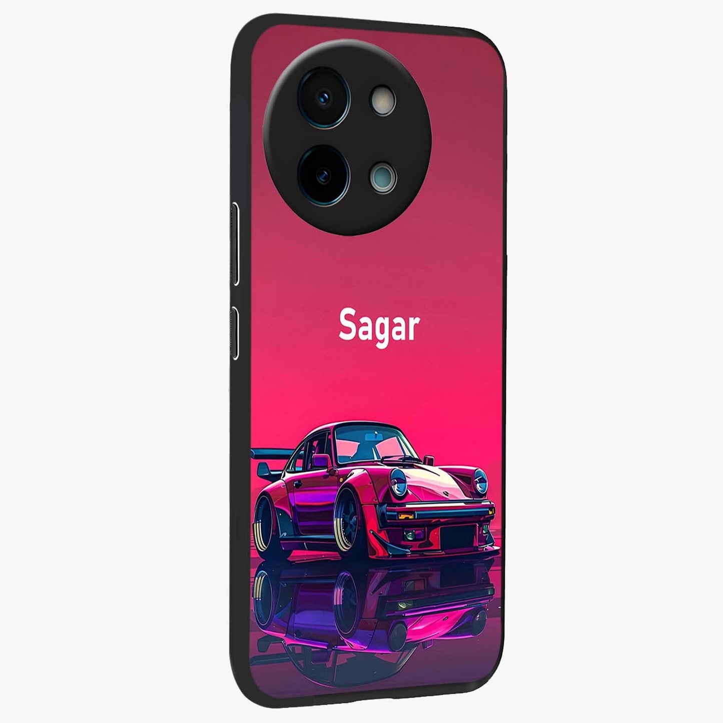 Neon Pink Porsche Glass Case upright view showcasing vibrant sports car artwork with bold automotive theme.