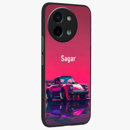 Neon Pink Porsche Glass Case upright view showcasing vibrant sports car artwork with bold automotive theme.