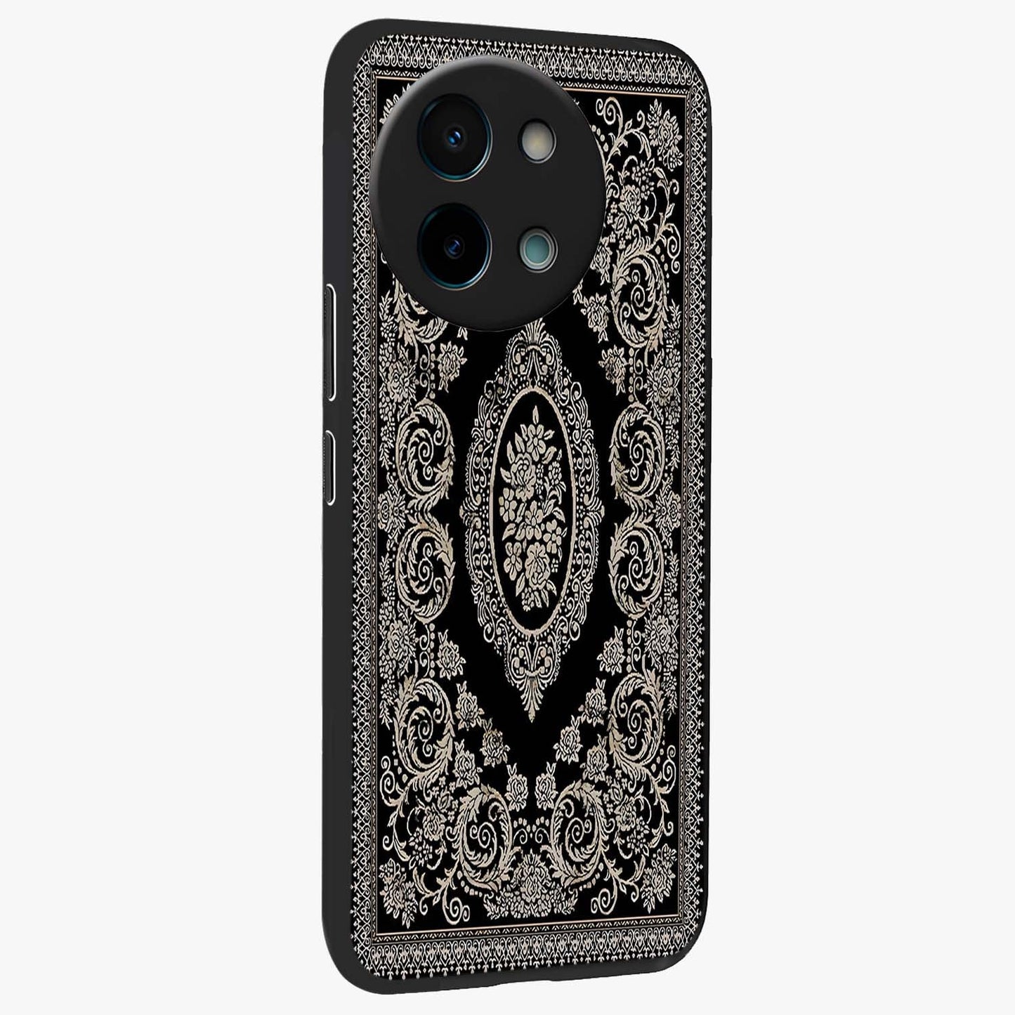 Noir Bloom Elegance Glass Case upright view showcasing graceful floral artwork with luxurious dark theme.