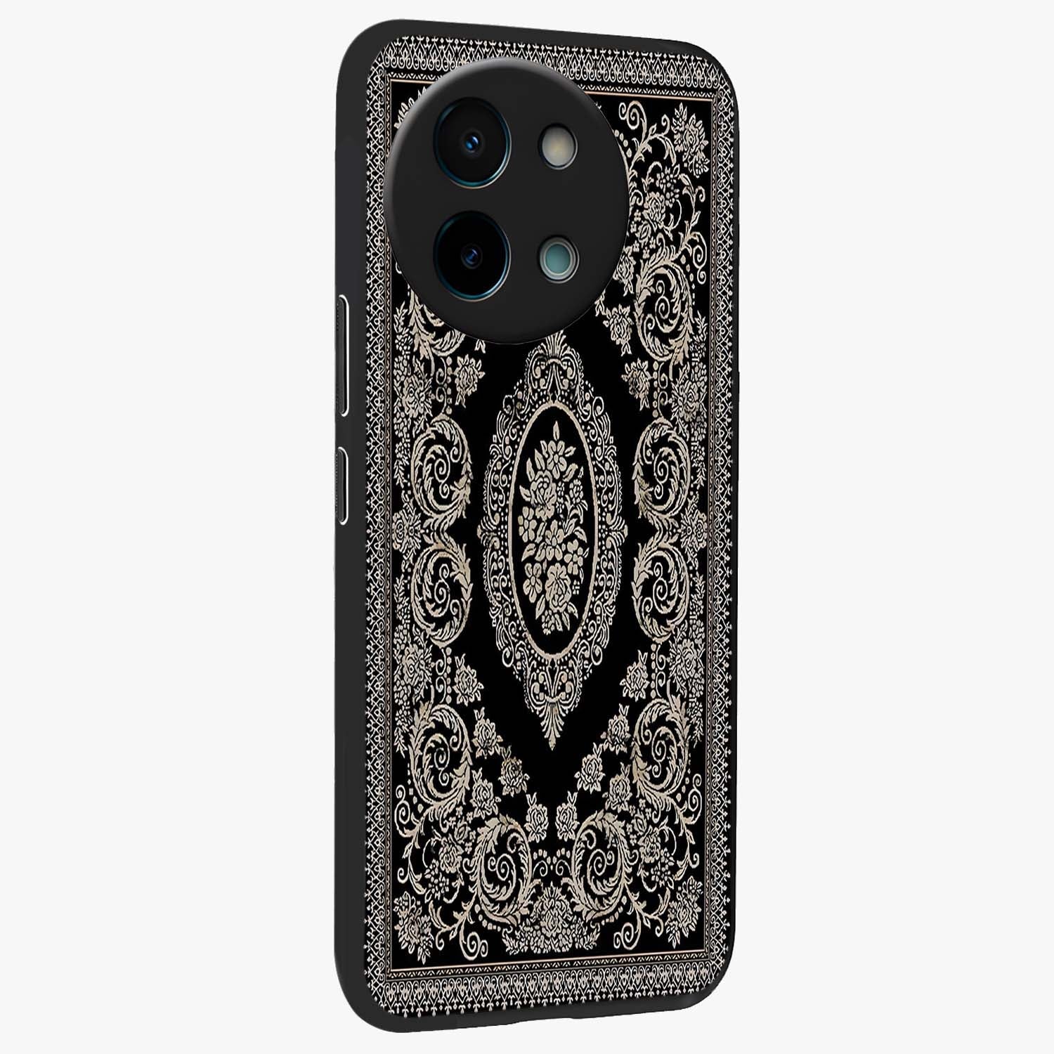 Noir Bloom Elegance Glass Case upright view showcasing graceful floral artwork with luxurious dark theme.