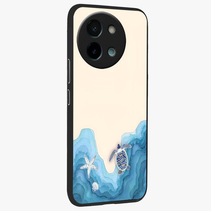 Ocean Drift Turtle Glass Case upright view showcasing calm underwater turtle artwork with nature inspired theme.