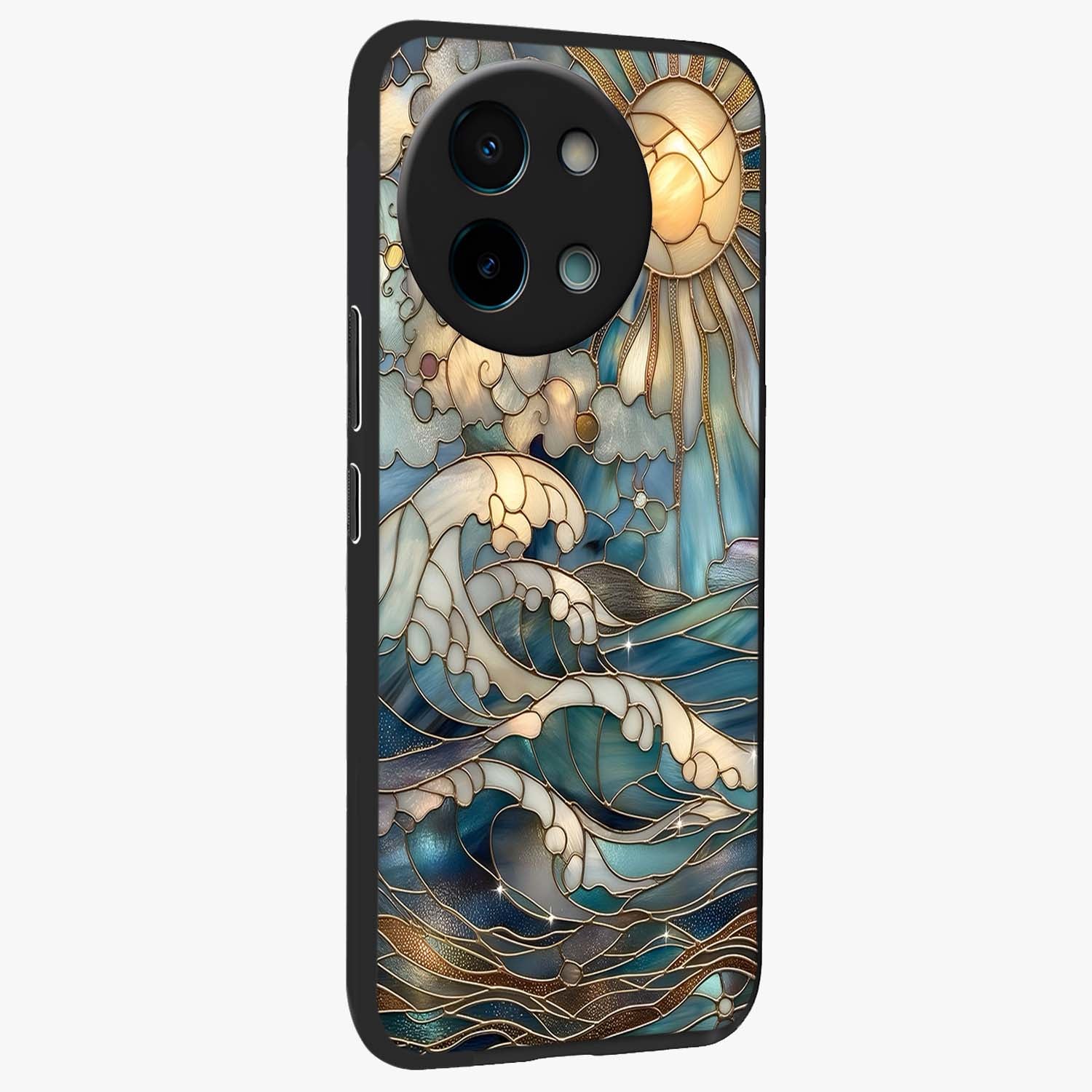 Oceanic Stained Printed Glass Case upright view showcasing decorative ocean pattern artwork with vibrant marine theme.