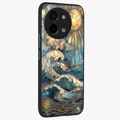 Oceanic Stained Printed Glass Case upright view showcasing decorative ocean pattern artwork with vibrant marine theme.