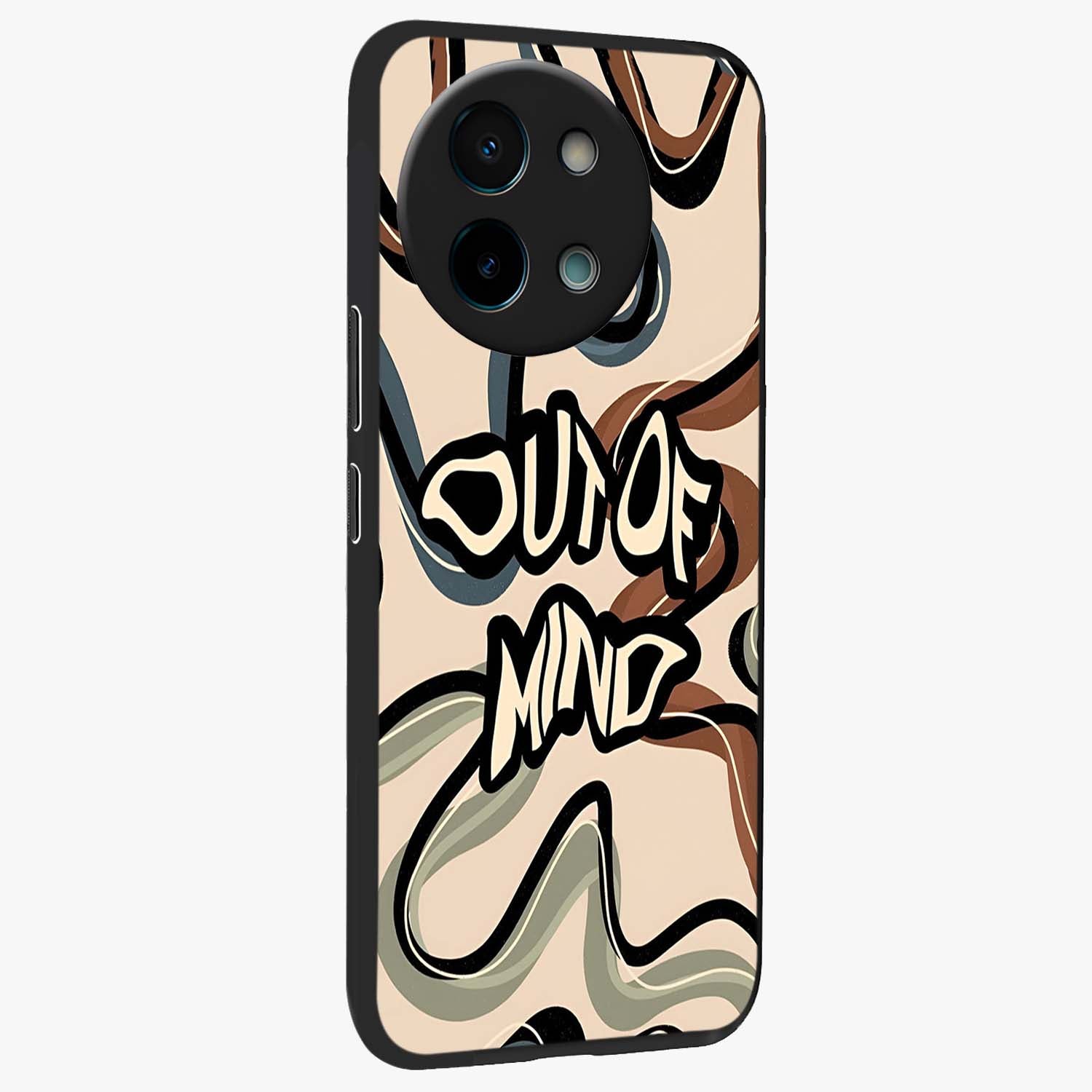 Out Of Mind Glass Case upright view showcasing striking typography artwork with edgy conceptual theme.