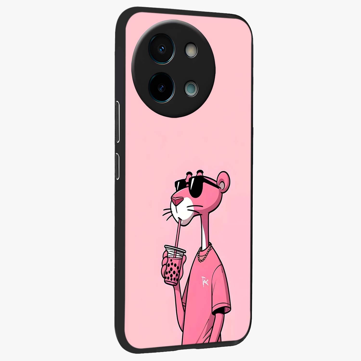 Pink Panther Glass Case upright view showcasing fun animated artwork with stylish retro cartoon theme.