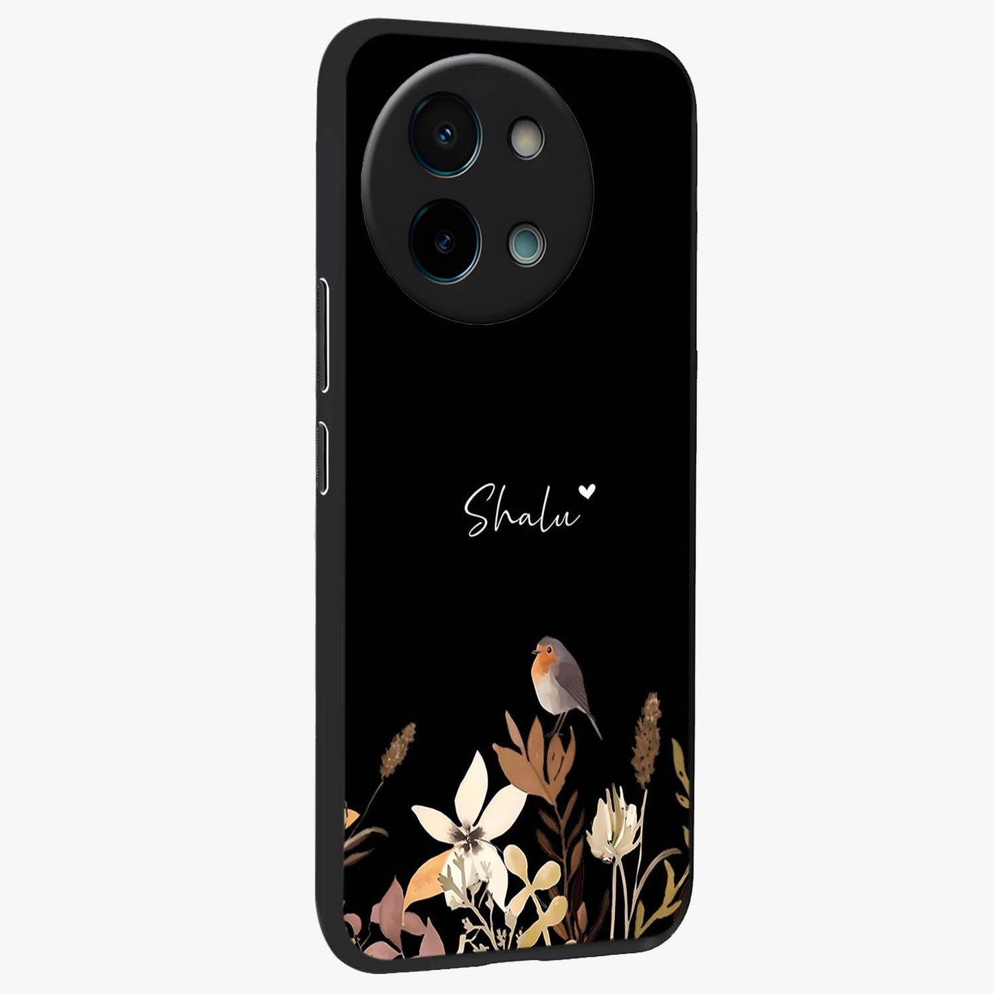 Quiet Garden Tune Custom Name Glass Case upright view showcasing serene botanical artwork with personalized aesthetic.