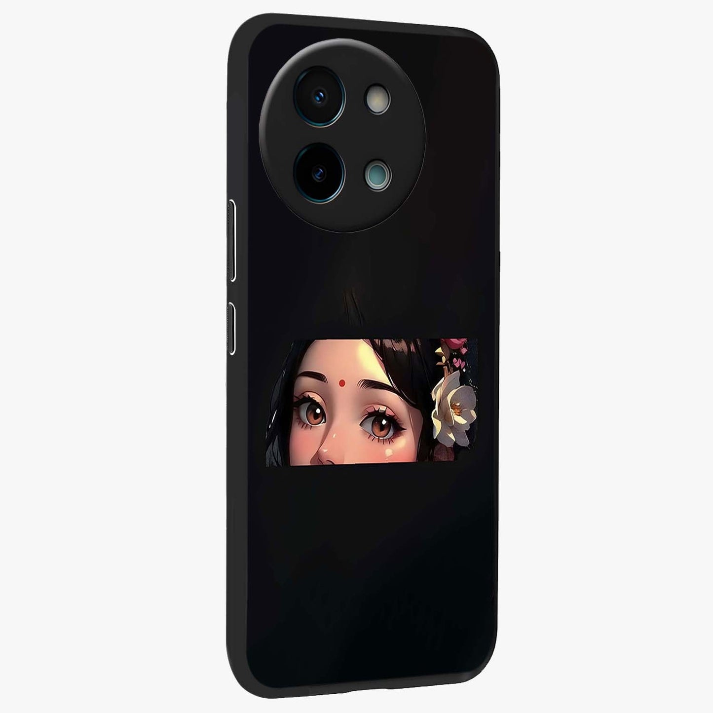 Radha Divine Embrace Glass Case upright view showcasing sacred Radha themed artwork with peaceful devotional style.