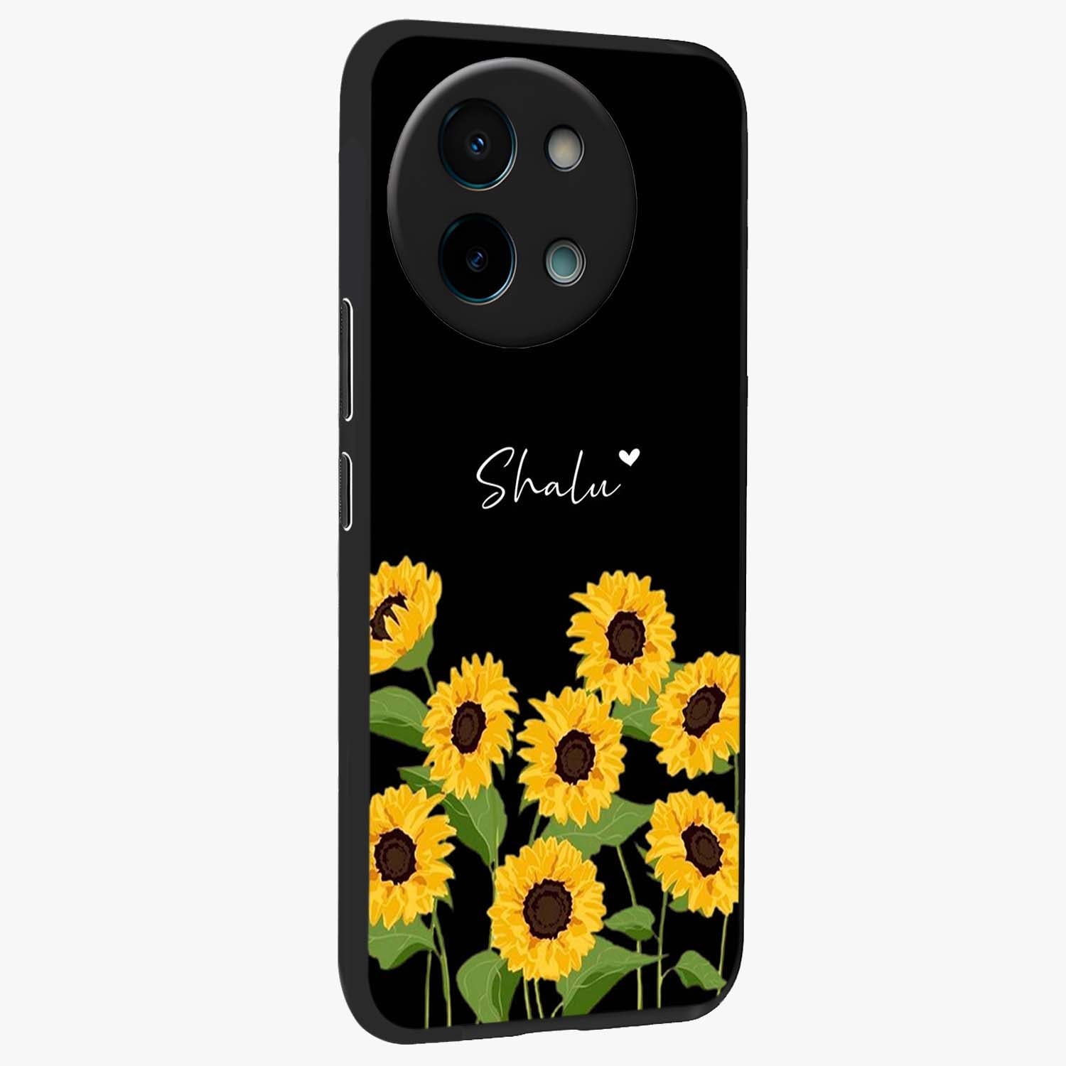 Sunflower Chic Mood Custom Name Glass Case upright view showcasing cheerful sunflower artwork with trendy floral theme.