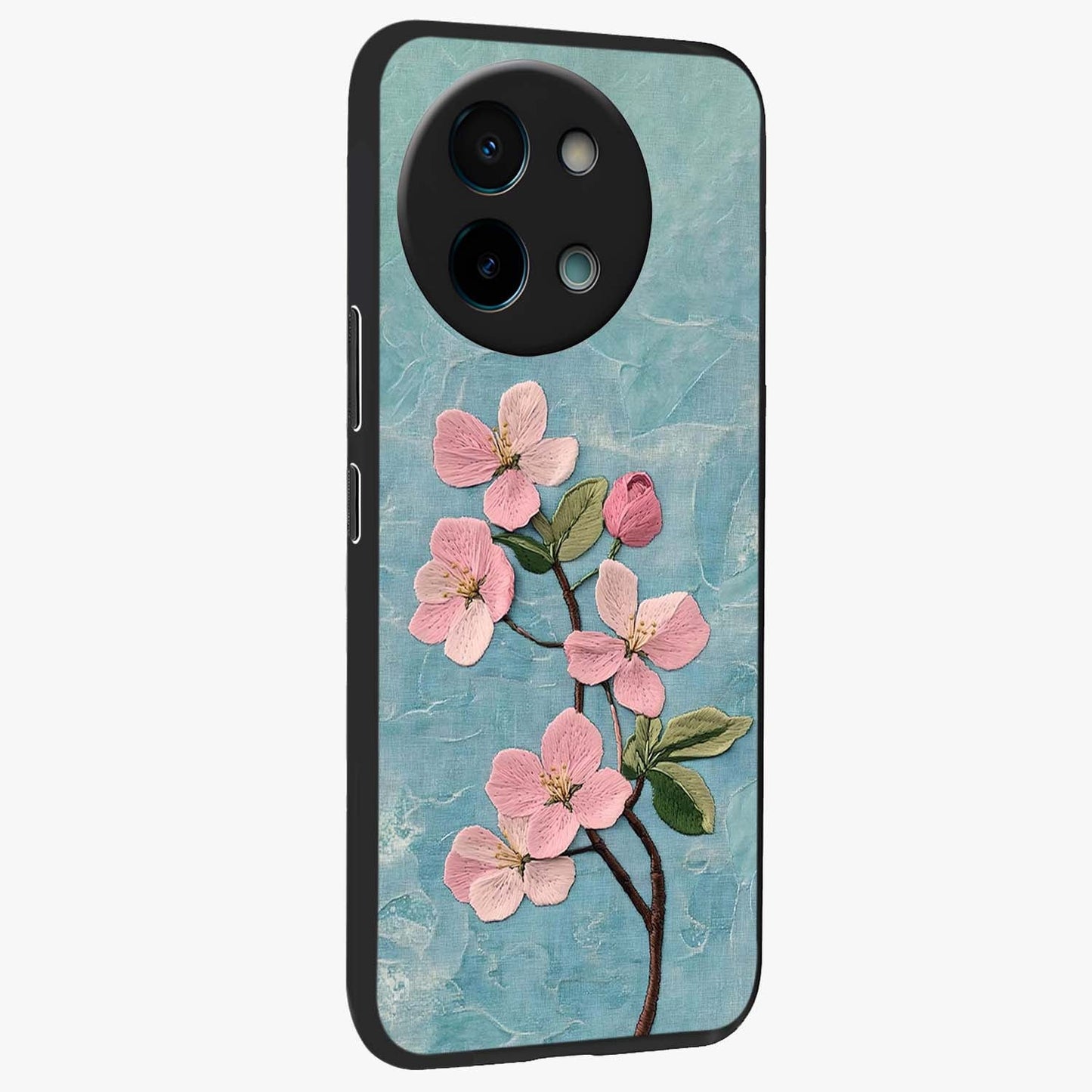 Threaded Blossom Breeze Glass Case upright view showcasing graceful flower artwork with calm botanical theme.