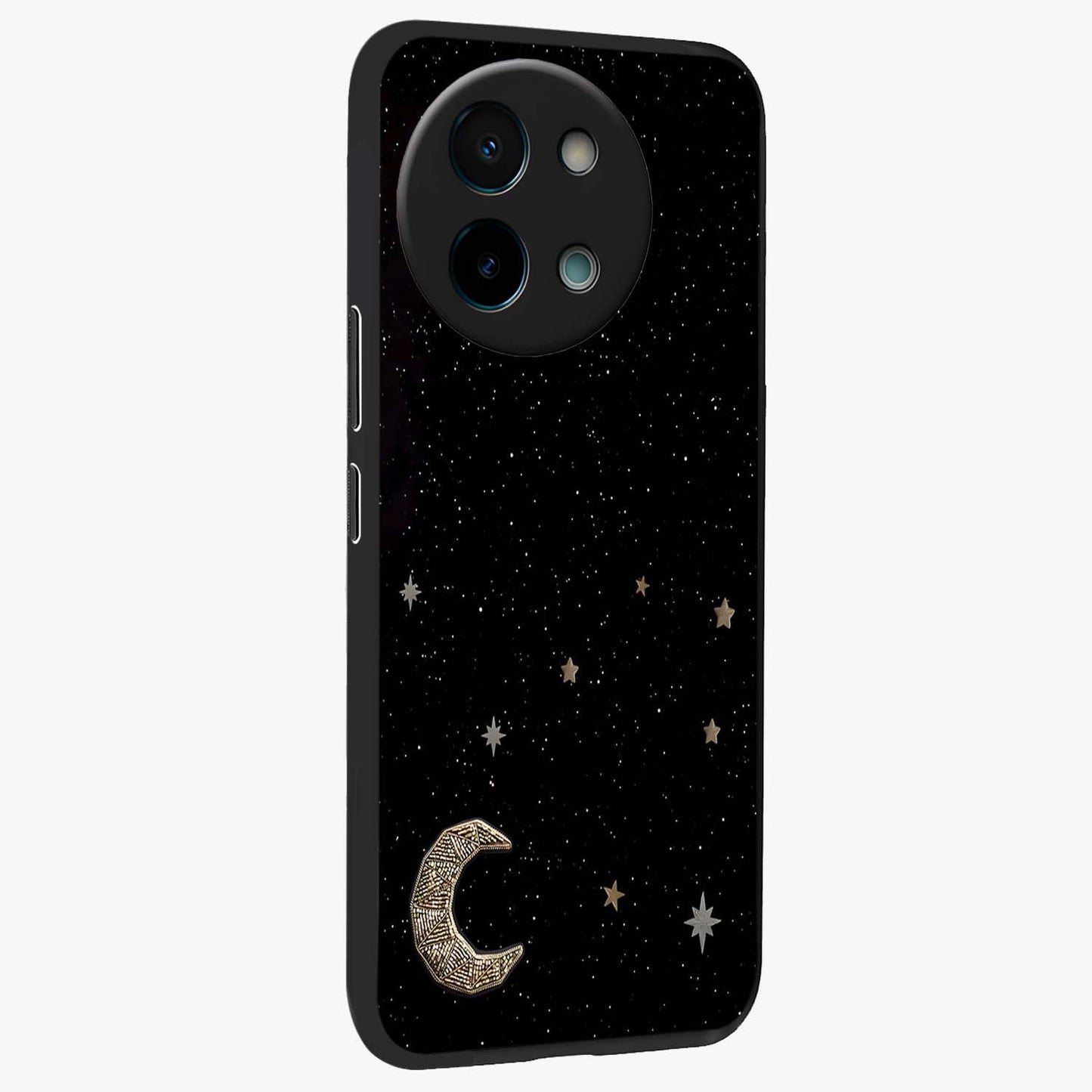 Twinkle Star With Half Moon Glass Case upright view showcasing glowing cosmic artwork with dreamy night theme.
