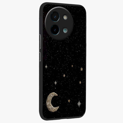 Twinkle Star With Half Moon Glass Case upright view showcasing glowing cosmic artwork with dreamy night theme.