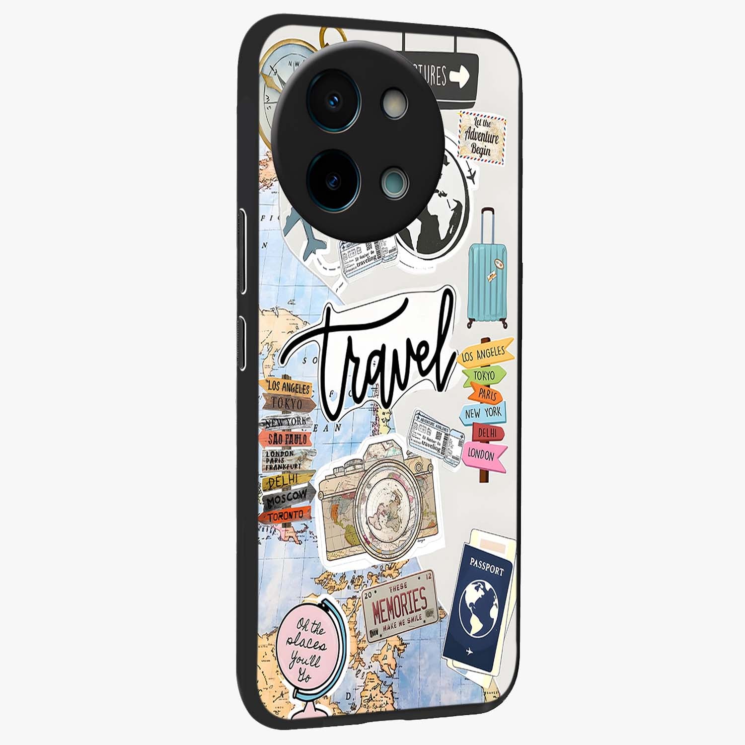 Wanderlust Journal Glass Case upright view showcasing wanderlust inspired artwork with creative exploration theme.