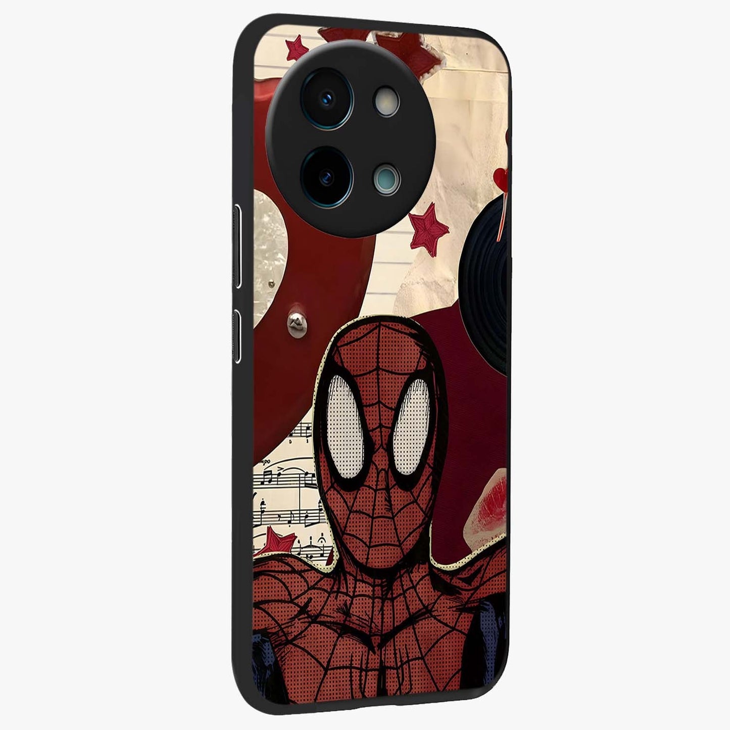 Web Warrior Vibes Glass Case upright view showcasing energetic superhero artwork with bold action theme.