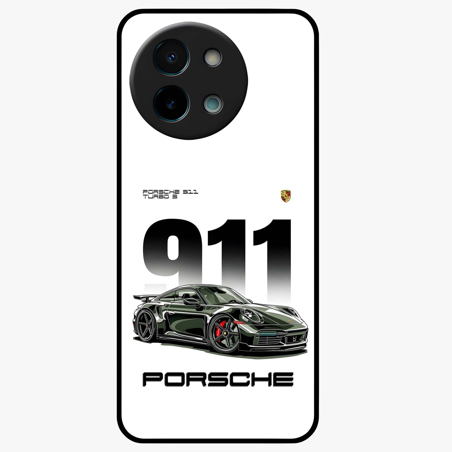 911 Turbo Dominance Glass Case showing clean flat back view with bold 911 sports car artwork and glossy glass finish.