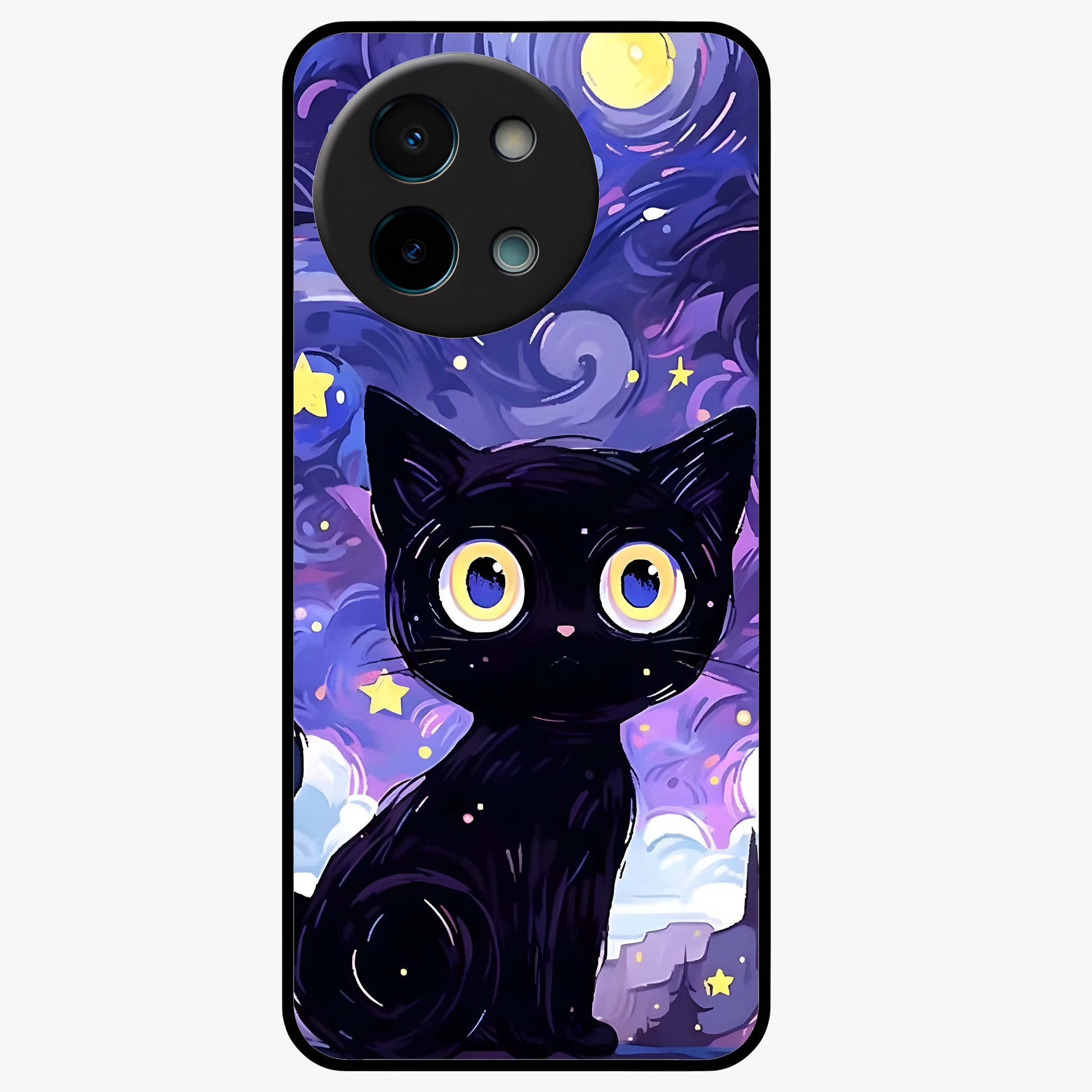 Abstract Cat Art Glass Case showing flat back view with artistic cat illustration and glossy glass finish.