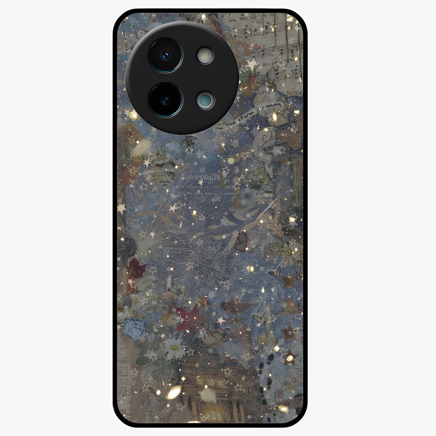 Aesthetic Astrolophia Glass Case showing flat back view with dreamy aesthetic design and glossy glass finish.