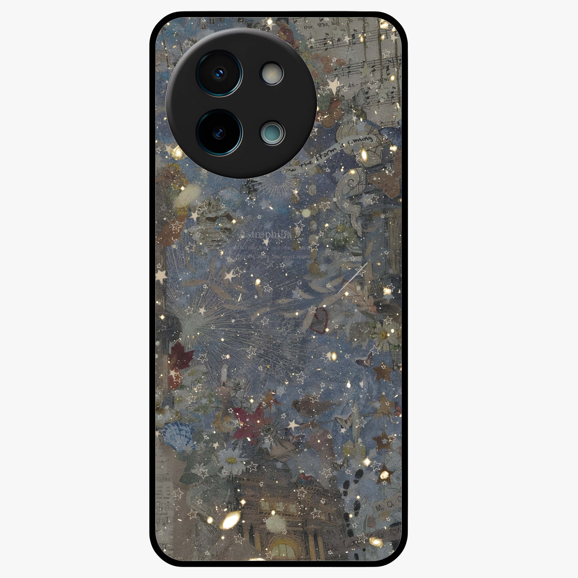 Aesthetic Astrolophia Glass Case showing flat back view with dreamy aesthetic design and glossy glass finish.