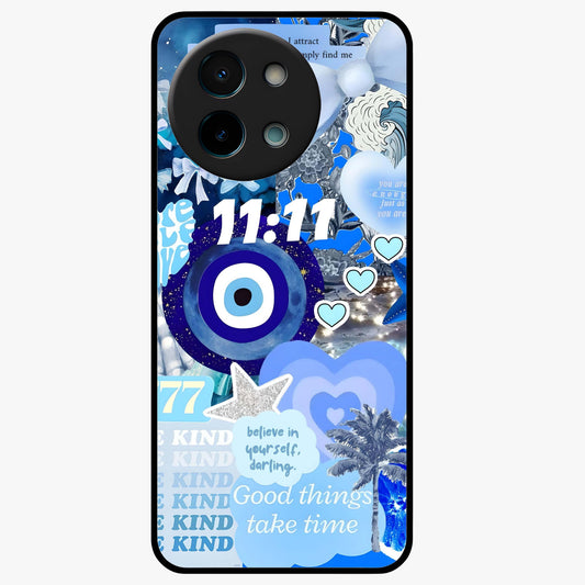 Aesthetic Be Kind Eye Glass Case showing flat back view with motivational eye artwork and glossy glass finish.