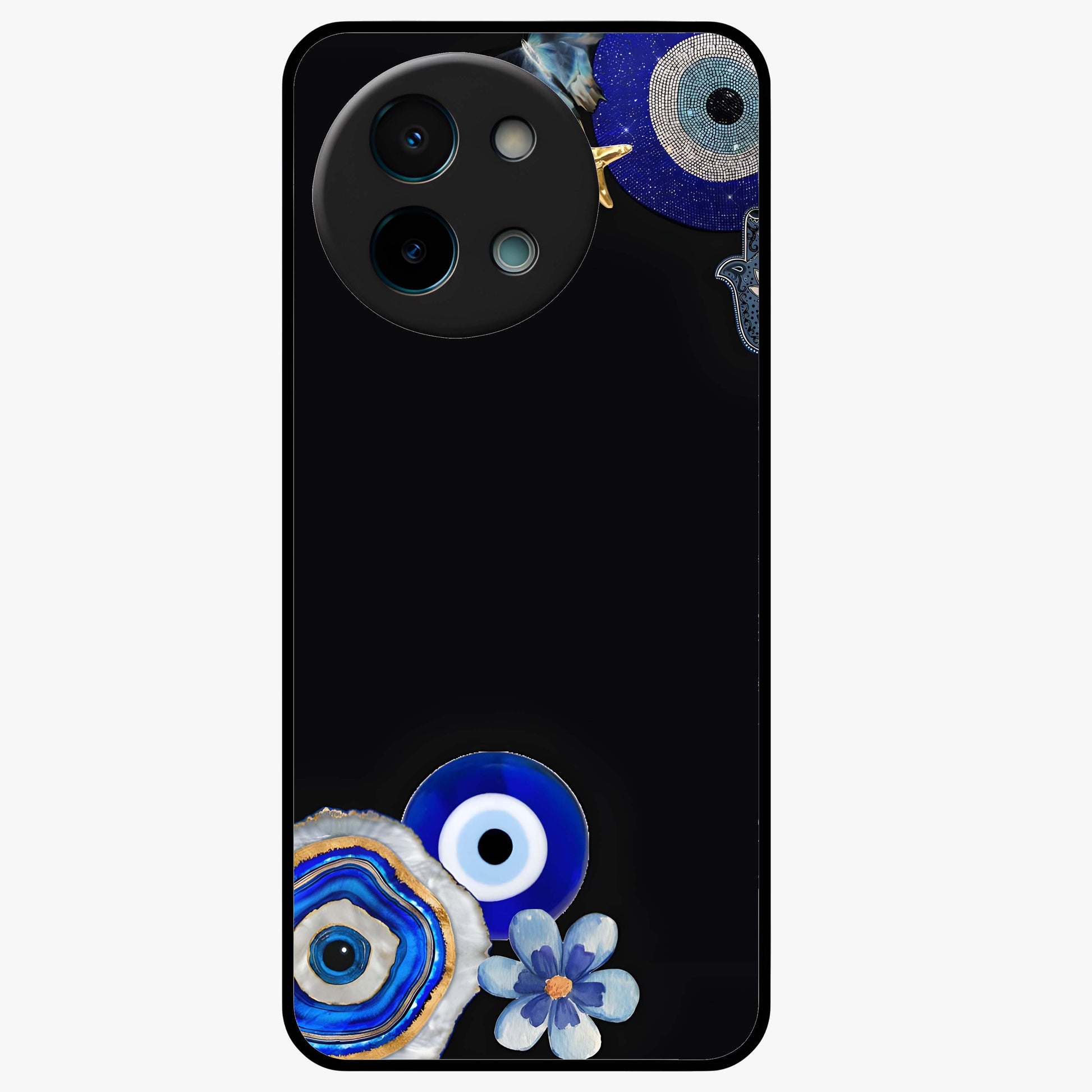Aesthetic Blue Evil Eye Glass Case showing flat back view with protective evil eye artwork and glossy glass finish.