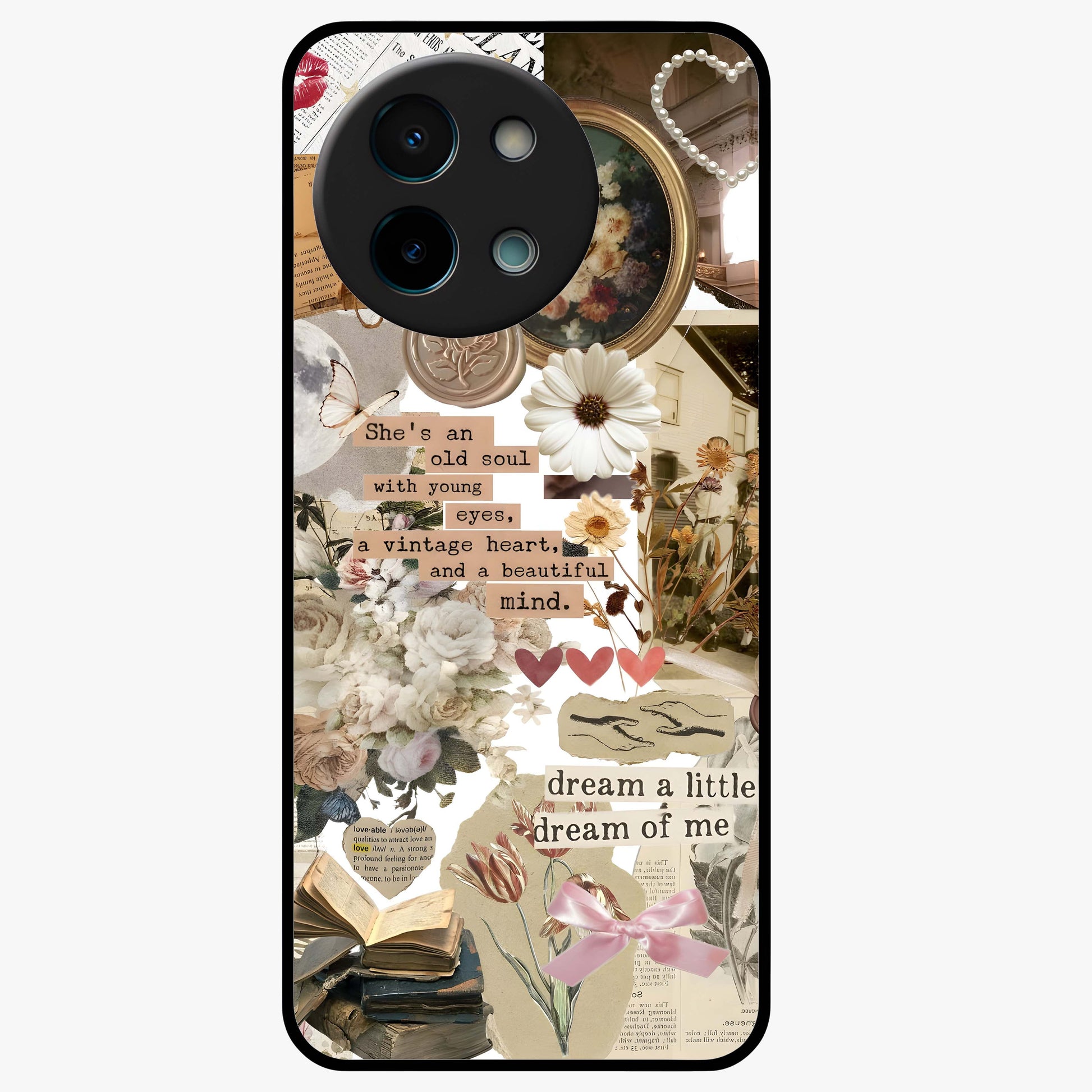Aesthetic Brown Vintage Collage Glass Case showing flat back view with retro collage artwork and glossy glass finish.