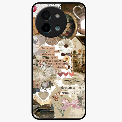 Aesthetic Brown Vintage Collage Glass Case showing flat back view with retro collage artwork and glossy glass finish.