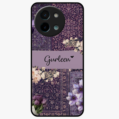 Antique Floral Whisper Custom Name Glass Case showing flat back view with vintage floral artwork and personalized name design.