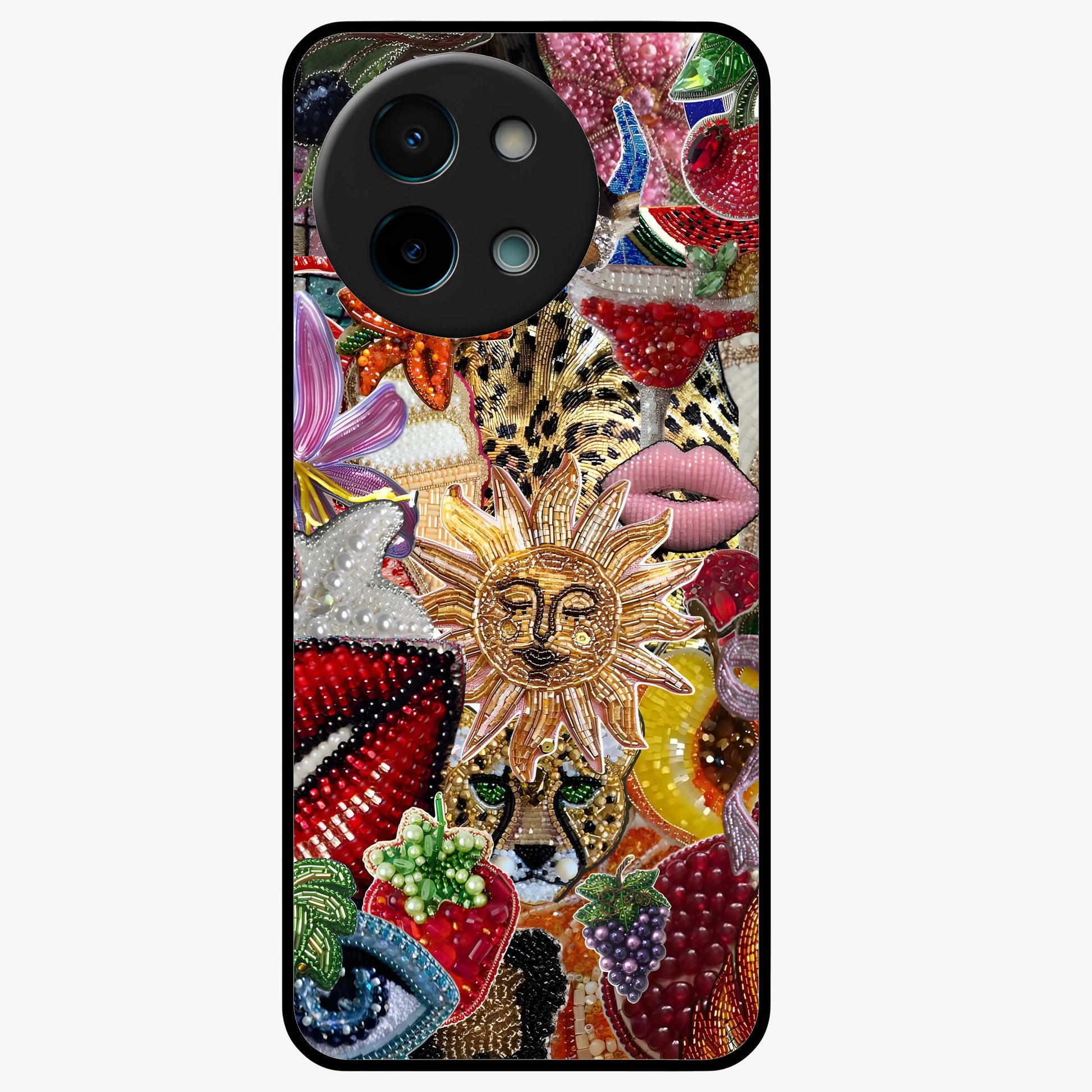 Beaded Fashion Jungle Glass Case showing flat back view with vibrant jungle inspired bead artwork and glossy glass finish.