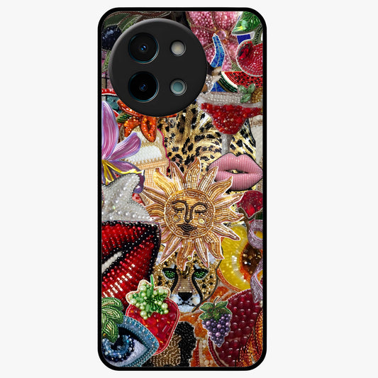 Beaded Fashion Jungle Glass Case showing flat back view with vibrant jungle inspired bead artwork and glossy glass finish.