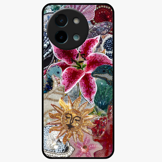 Beaded Garden Fantasy Glass Case showing flat back view with dreamy garden bead artwork and glossy glass finish.