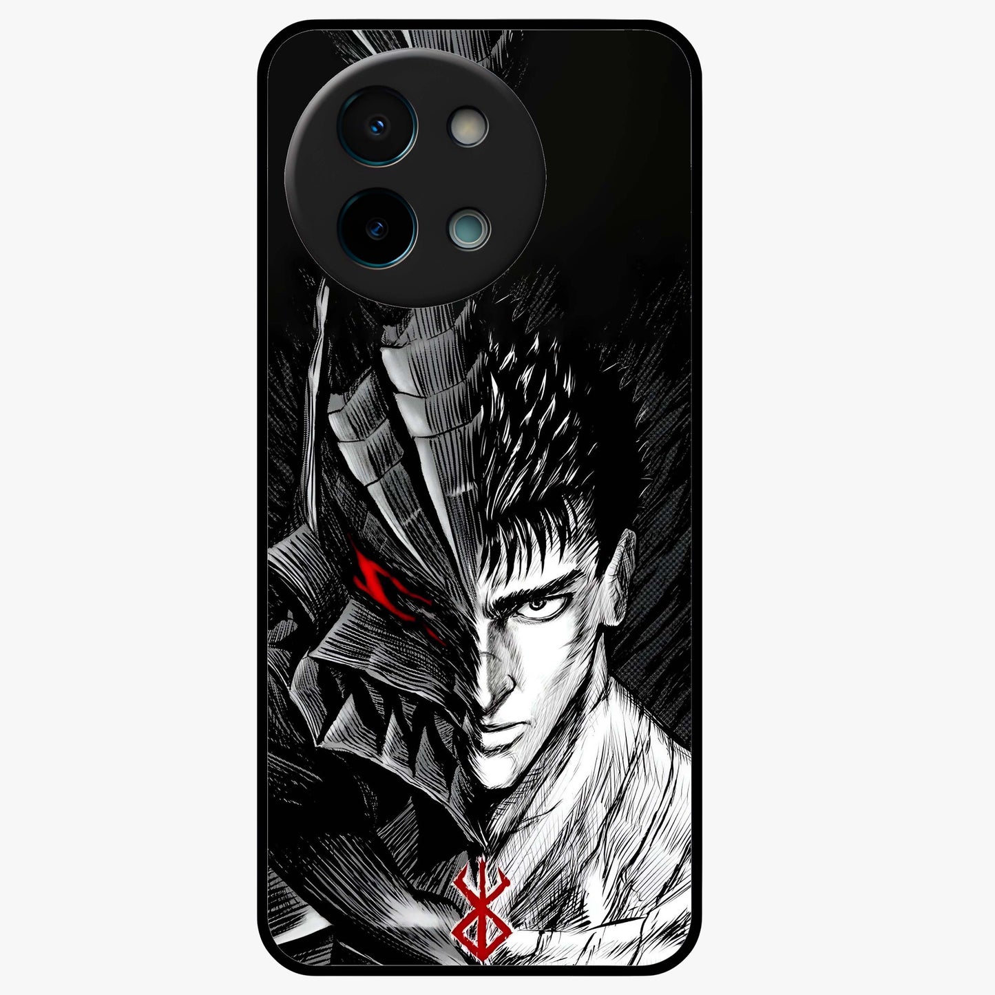 Berserker Blood Oath Glass Case showing flat back view with fierce warrior inspired artwork and glossy glass finish.