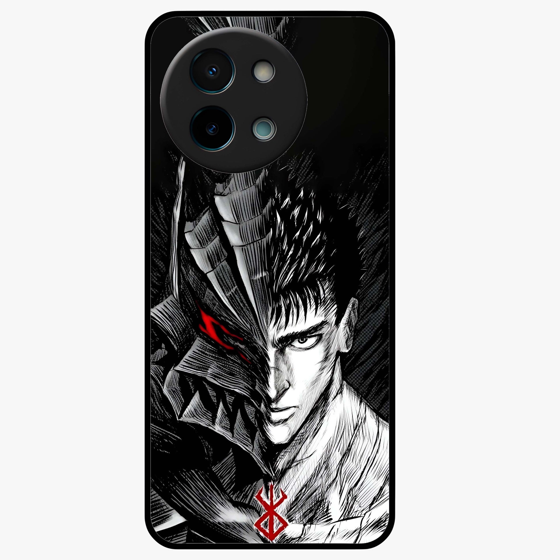 Berserker Blood Oath Glass Case showing flat back view with fierce warrior inspired artwork and glossy glass finish.