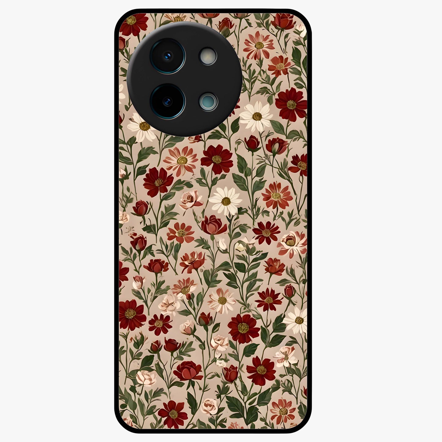 Biege Flower With Leaf Glass Case showing flat back view with soft beige floral artwork and glossy glass finish.