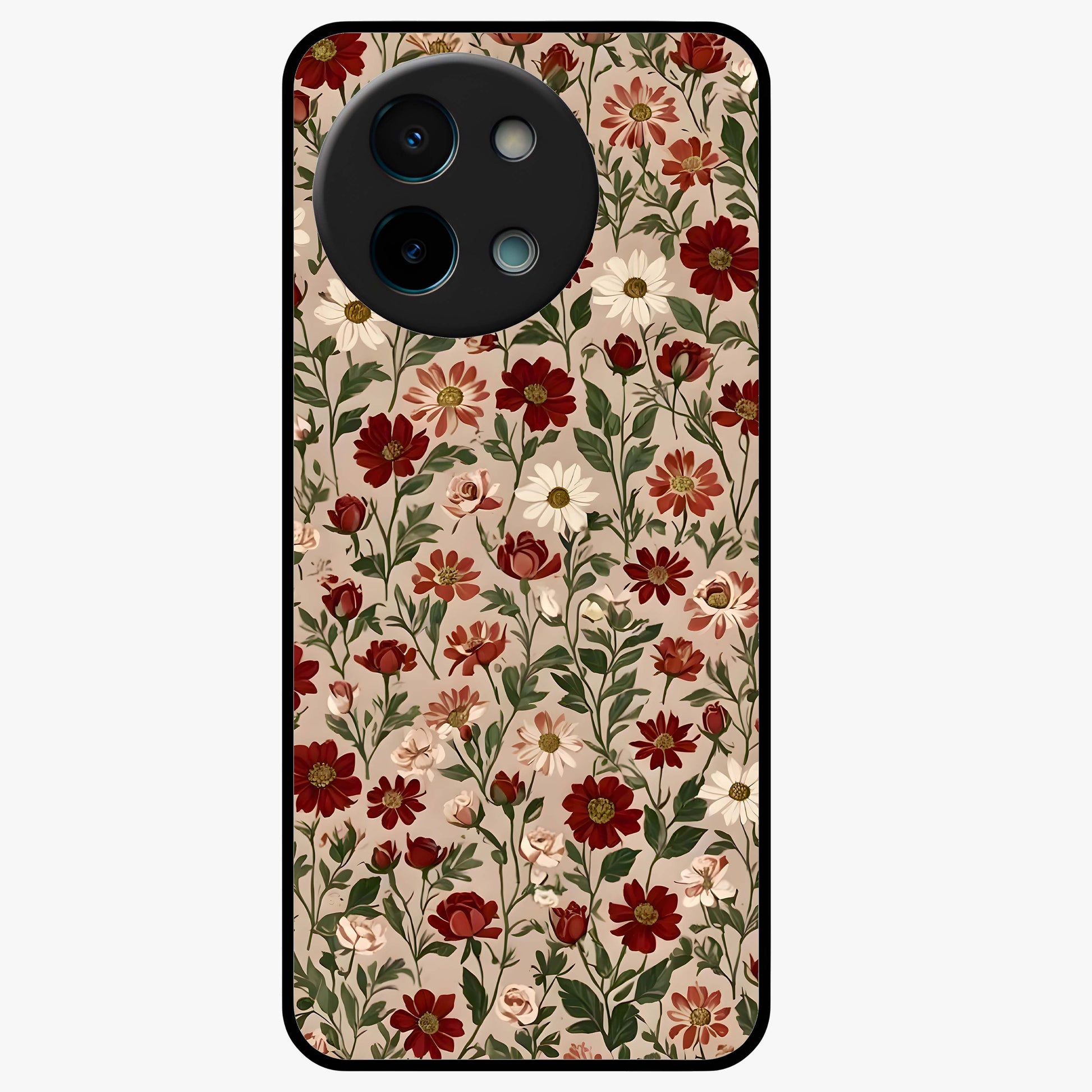 Biege Flower With Leaf Glass Case showing flat back view with soft beige floral artwork and glossy glass finish.