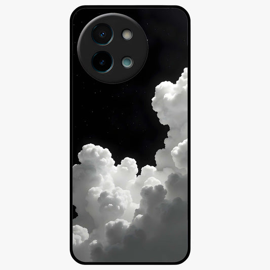 Black Background With White Cloud Glass Case showing flat back view with minimal cloud artwork on dark background and glossy glass finish.